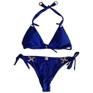 Blue Size Large Bedazzled Side Tie Padded Top & Matching Bottom Bikini Set.